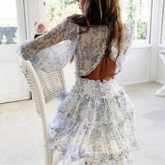 BellanBlue Dresses & Skirts - 022 Boho Print V neck open back ruffle dress